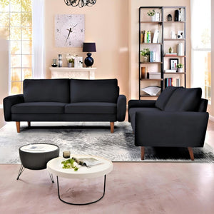 English Elm 2 Piece Velvet Sofa and Loveseat Set Mid-Century European Style with Tapered Wood Legs Black B2735S00102