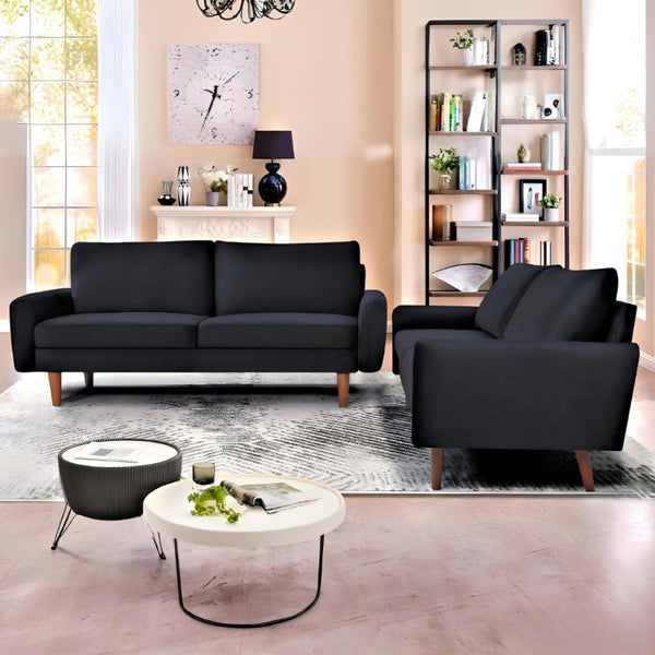English Elm 2 Piece Velvet Sofa and Loveseat Set Mid-Century European Style with Tapered Wood Legs Black B2735S00102