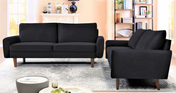 English Elm 2 Piece Velvet Sofa and Loveseat Set Mid-Century European Style with Tapered Wood Legs Black B2735S00102