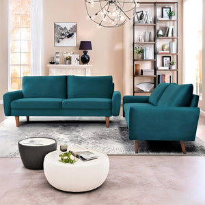 English Elm 2 Piece Velvet Sofa and Loveseat Set Mid-Century European Style with Tapered Wood Legs Emerald B2735S00103