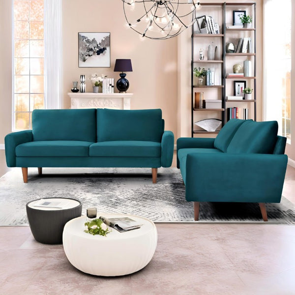 English Elm 2 Piece Velvet Sofa and Loveseat Set Mid-Century European Style with Tapered Wood Legs Emerald B2735S00103
