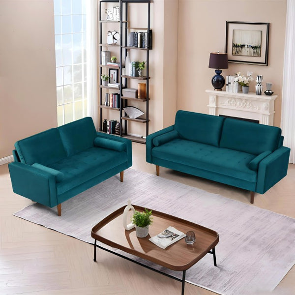 English Elm 2 Piece Velvet Sofa and Loveseat Set Mid-Century European Style with Tapered Wood Legs Emerald B2735S00103