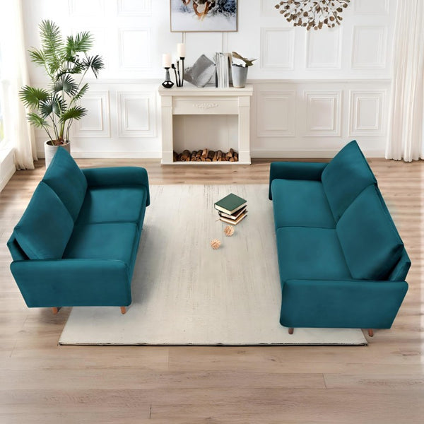 English Elm 2 Piece Velvet Sofa and Loveseat Set Mid-Century European Style with Tapered Wood Legs Emerald B2735S00103