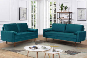 English Elm 2 Piece Velvet Sofa and Loveseat Set Mid-Century European Style with Tapered Wood Legs Emerald B2735S00103