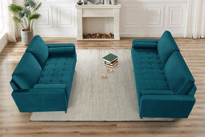 English Elm 2 Piece Velvet Sofa and Loveseat Set Mid-Century European Style with Tapered Wood Legs Emerald B2735S00103