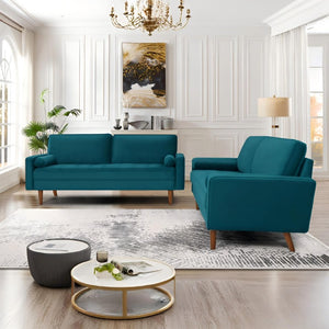 English Elm 2 Piece Velvet Sofa and Loveseat Set Mid-Century European Style with Tapered Wood Legs Emerald B2735S00103