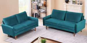 English Elm 2 Piece Velvet Sofa and Loveseat Set Mid-Century European Style with Tapered Wood Legs Emerald B2735S00103