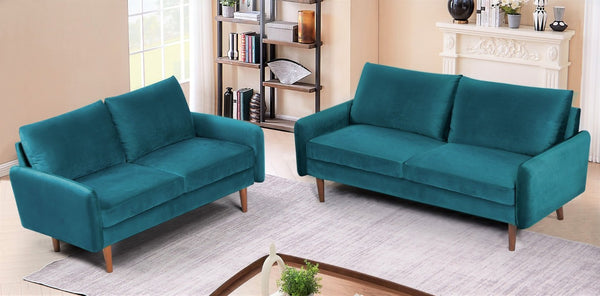English Elm 2 Piece Velvet Sofa and Loveseat Set Mid-Century European Style with Tapered Wood Legs Emerald B2735S00103