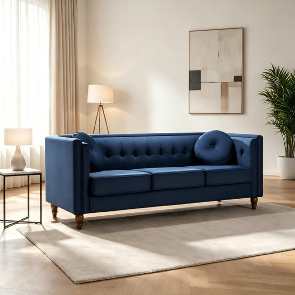 English Elm Classic Chesterfield Crushed Velvet Sofa with Button Tufting and Tapered Wood Legs Deep Blue B2735S00104