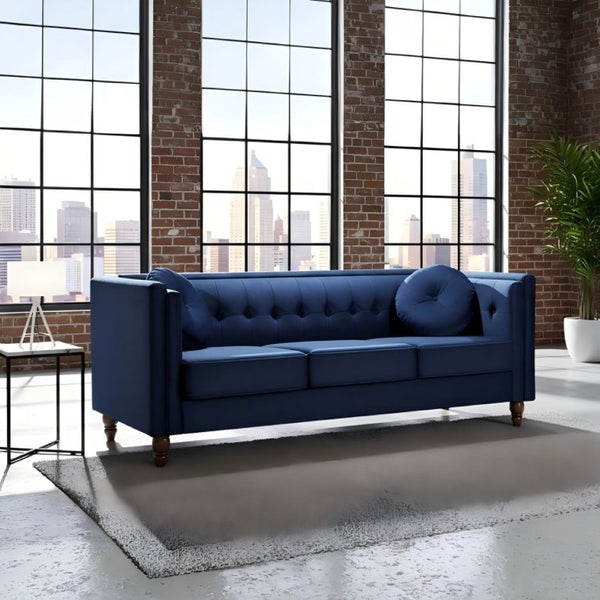 English Elm Classic Chesterfield Crushed Velvet Sofa with Button Tufting and Tapered Wood Legs Deep Blue B2735S00104