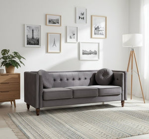 English Elm Classic Chesterfield Crushed Velvet Sofa with Button Tufting and Tapered Wood Legs Gray B2735S00106