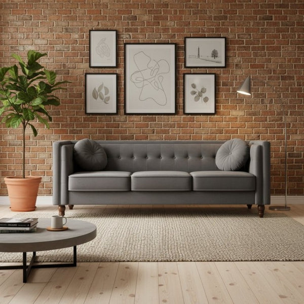 English Elm Classic Chesterfield Crushed Velvet Sofa with Button Tufting and Tapered Wood Legs Gray B2735S00106