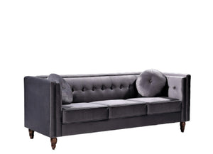 English Elm Classic Chesterfield Crushed Velvet Sofa with Button Tufting and Tapered Wood Legs Gray B2735S00106
