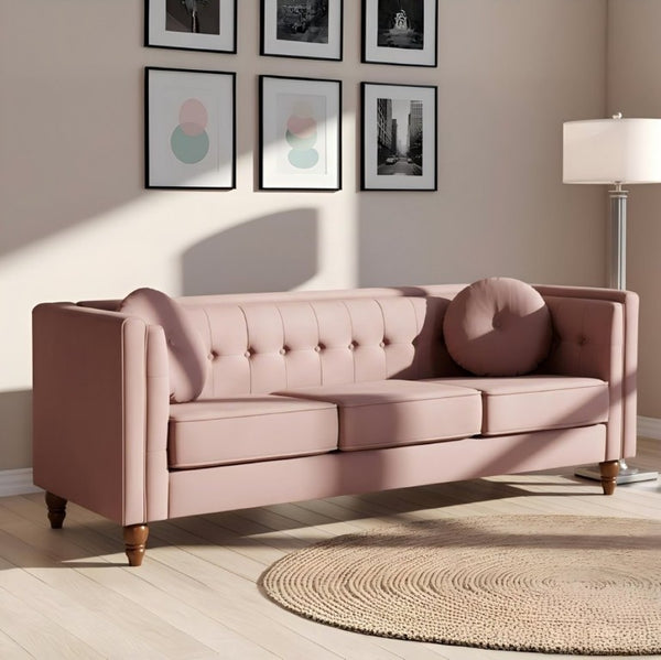 English Elm Classic Chesterfield Crushed Velvet Sofa with Button Tufting and Tapered Wood Legs Rose B2735S00107