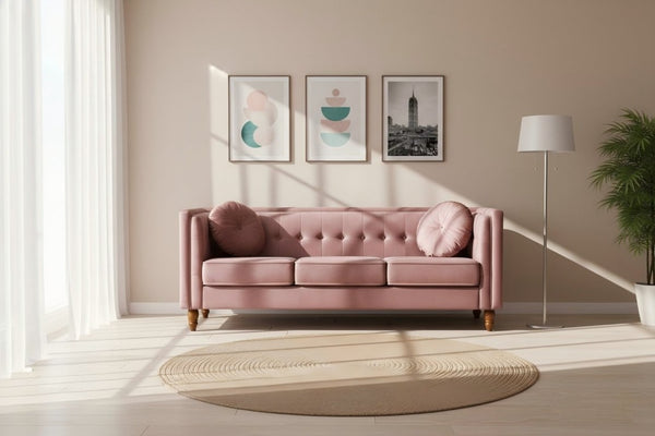 English Elm Classic Chesterfield Crushed Velvet Sofa with Button Tufting and Tapered Wood Legs Rose B2735S00107