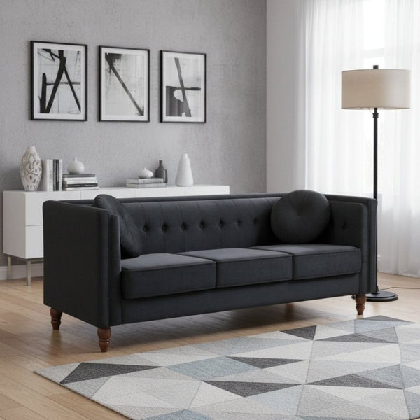 English Elm Classic Chesterfield Crushed Velvet Sofa with Button Tufting and Tapered Wood Legs Black B2735S00108