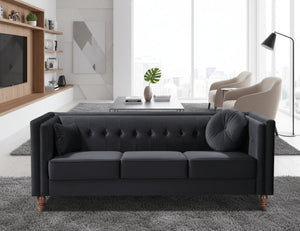 English Elm Classic Chesterfield Crushed Velvet Sofa with Button Tufting and Tapered Wood Legs Black B2735S00108