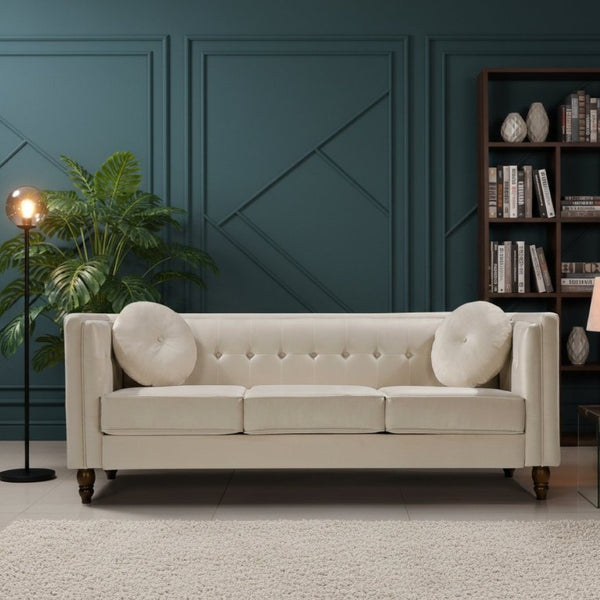 English Elm Classic Chesterfield Crushed Velvet Sofa with Button Tufting and Tapered Wood Legs Ivory B2735S00109