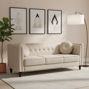 English Elm Classic Chesterfield Crushed Velvet Sofa with Button Tufting and Tapered Wood Legs Ivory B2735S00109