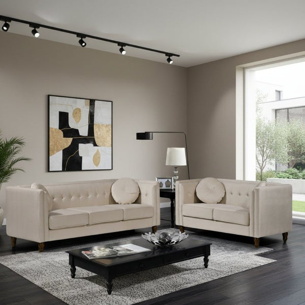 English Elm Classic Chesterfield Crushed Velvet Sofa with Button Tufting and Tapered Wood Legs Ivory B2735S00109
