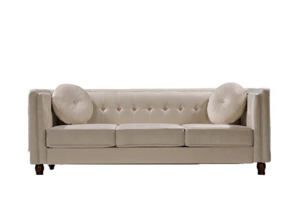 English Elm Classic Chesterfield Crushed Velvet Sofa with Button Tufting and Tapered Wood Legs Ivory B2735S00109