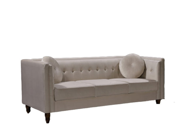English Elm Classic Chesterfield Crushed Velvet Sofa with Button Tufting and Tapered Wood Legs Ivory B2735S00109