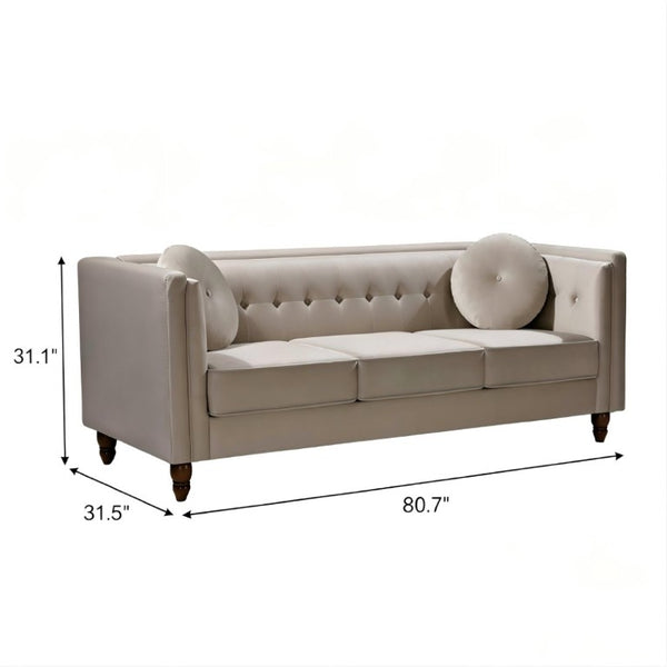 English Elm Classic Chesterfield Crushed Velvet Sofa with Button Tufting and Tapered Wood Legs Ivory B2735S00109