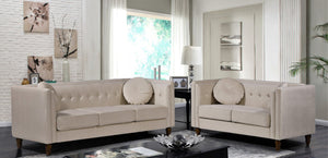 English Elm Classic Chesterfield Crushed Velvet Sofa with Button Tufting and Tapered Wood Legs Ivory B2735S00109