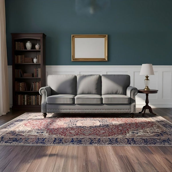 English Elm 3-Seater Velvet Sofa with Nailhead Trim and Turned Wood Legs for Formal Living Rooms Gray B2735S00110