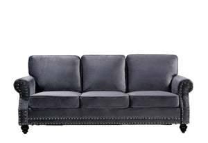 English Elm 3-Seater Velvet Sofa with Nailhead Trim and Turned Wood Legs for Formal Living Rooms Gray B2735S00110