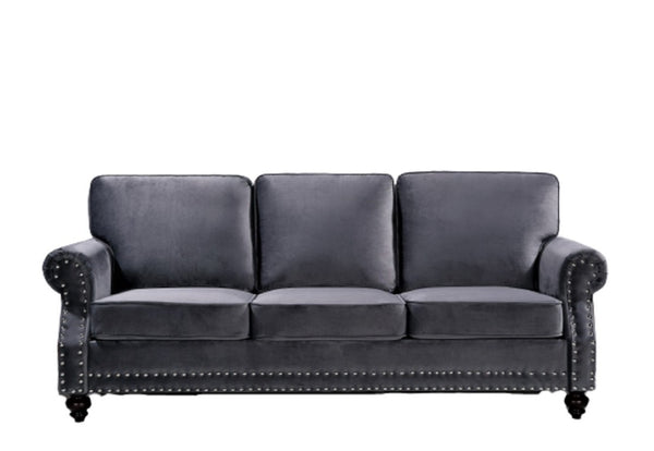 English Elm 3-Seater Velvet Sofa with Nailhead Trim and Turned Wood Legs for Formal Living Rooms Gray B2735S00110