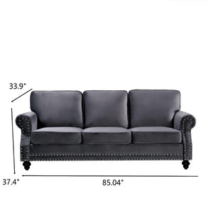 English Elm 3-Seater Velvet Sofa with Nailhead Trim and Turned Wood Legs for Formal Living Rooms Gray B2735S00110