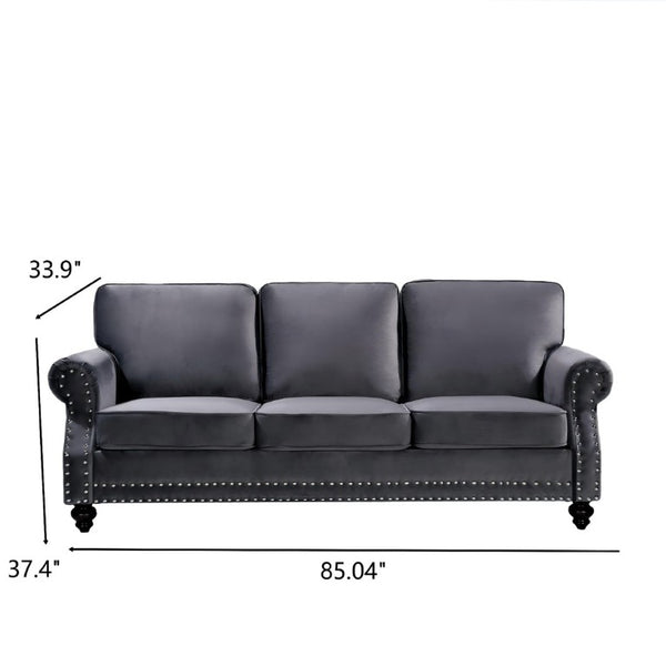 English Elm 3-Seater Velvet Sofa with Nailhead Trim and Turned Wood Legs for Formal Living Rooms Gray B2735S00110