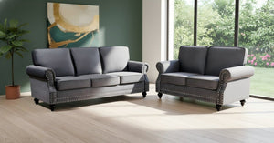 English Elm 3-Seater Velvet Sofa with Nailhead Trim and Turned Wood Legs for Formal Living Rooms Gray B2735S00110