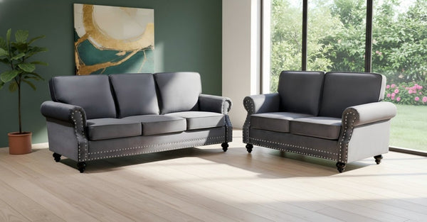 English Elm 3-Seater Velvet Sofa with Nailhead Trim and Turned Wood Legs for Formal Living Rooms Gray B2735S00110