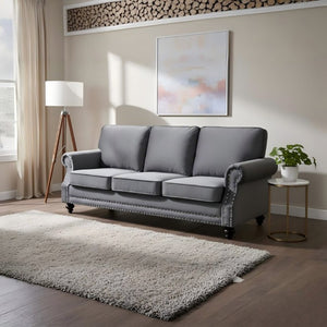 English Elm 3-Seater Velvet Sofa with Nailhead Trim and Turned Wood Legs for Formal Living Rooms Gray B2735S00110