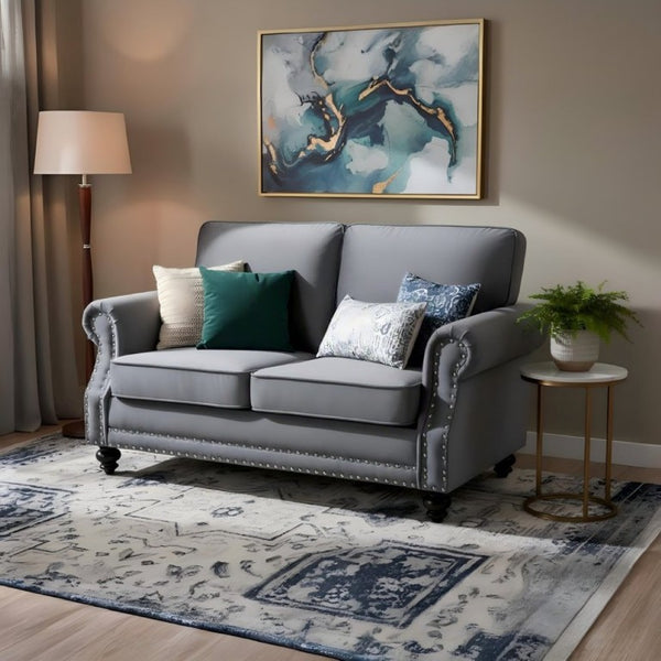 English Elm Traditional Velvet Loveseat with Nailhead Trim Turned Wood Legs Parlor Seating Gray B2735S00111