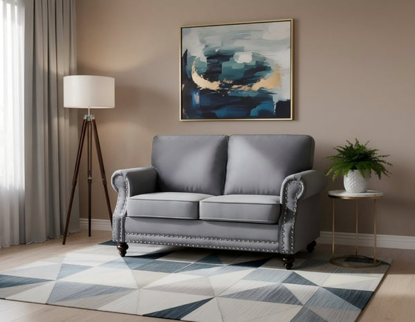 English Elm Traditional Velvet Loveseat with Nailhead Trim Turned Wood Legs Parlor Seating Gray B2735S00111