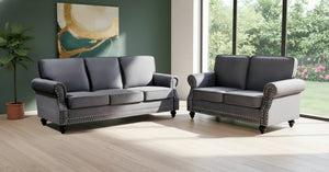 English Elm Traditional Velvet Loveseat with Nailhead Trim Turned Wood Legs Parlor Seating Gray B2735S00111