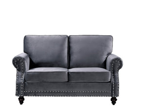 English Elm Traditional Velvet Loveseat with Nailhead Trim Turned Wood Legs Parlor Seating Gray B2735S00111