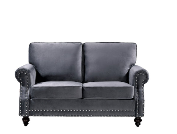 English Elm Traditional Velvet Loveseat with Nailhead Trim Turned Wood Legs Parlor Seating Gray B2735S00111
