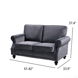 English Elm Traditional Velvet Loveseat with Nailhead Trim Turned Wood Legs Parlor Seating Gray B2735S00111
