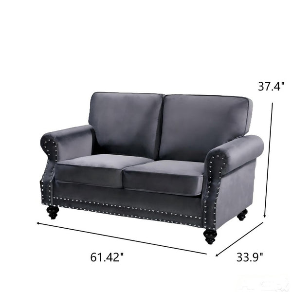 English Elm Traditional Velvet Loveseat with Nailhead Trim Turned Wood Legs Parlor Seating Gray B2735S00111