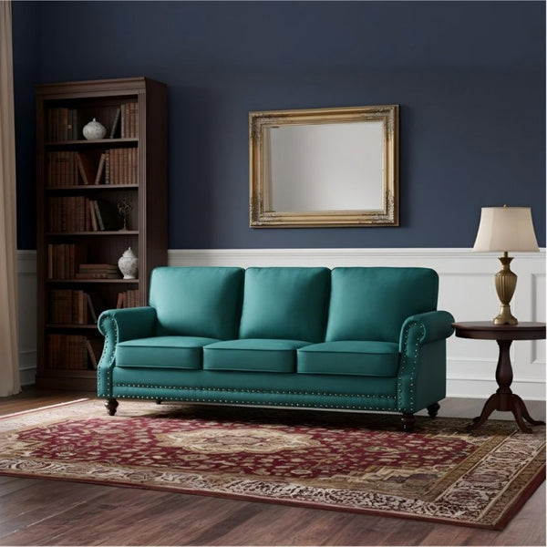 English Elm 3-Seater Velvet Sofa with Nailhead Trim and Turned Wood Legs for Formal Living Rooms Green B2735S00112