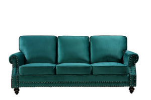 English Elm 3-Seater Velvet Sofa with Nailhead Trim and Turned Wood Legs for Formal Living Rooms Green B2735S00112