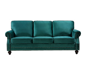 English Elm 3-Seater Velvet Sofa with Nailhead Trim and Turned Wood Legs for Formal Living Rooms Green B2735S00112