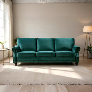 English Elm 3-Seater Velvet Sofa with Nailhead Trim and Turned Wood Legs for Formal Living Rooms Green B2735S00112