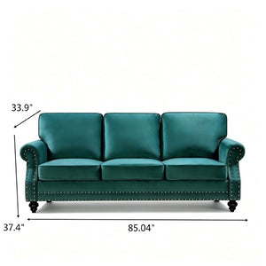 English Elm 3-Seater Velvet Sofa with Nailhead Trim and Turned Wood Legs for Formal Living Rooms Green B2735S00112
