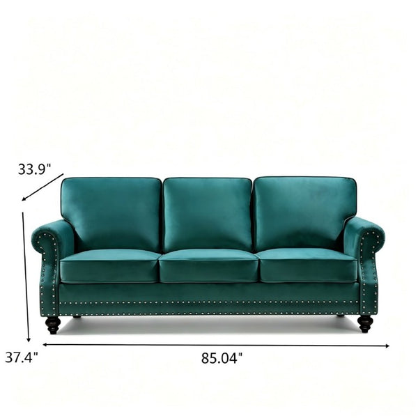 English Elm 3-Seater Velvet Sofa with Nailhead Trim and Turned Wood Legs for Formal Living Rooms Green B2735S00112