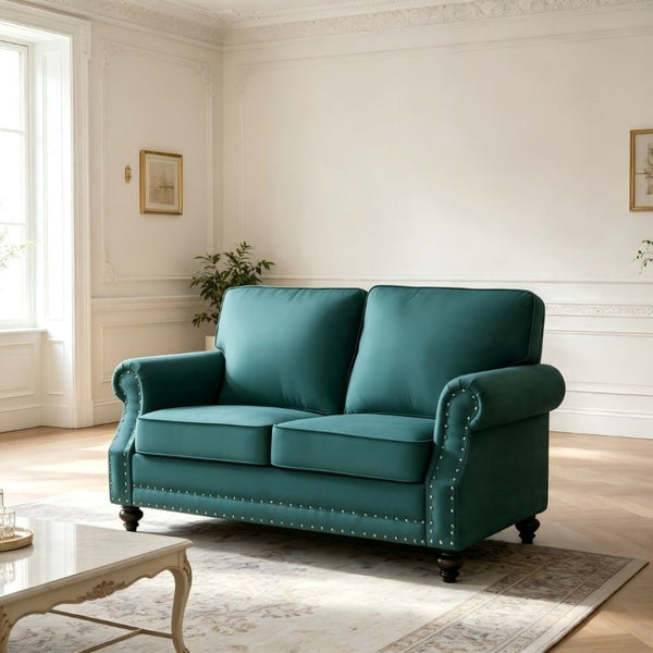 English Elm Traditional Velvet Loveseat with Nailhead Trim Turned Wood Legs Parlor Seating Green B2735S00113